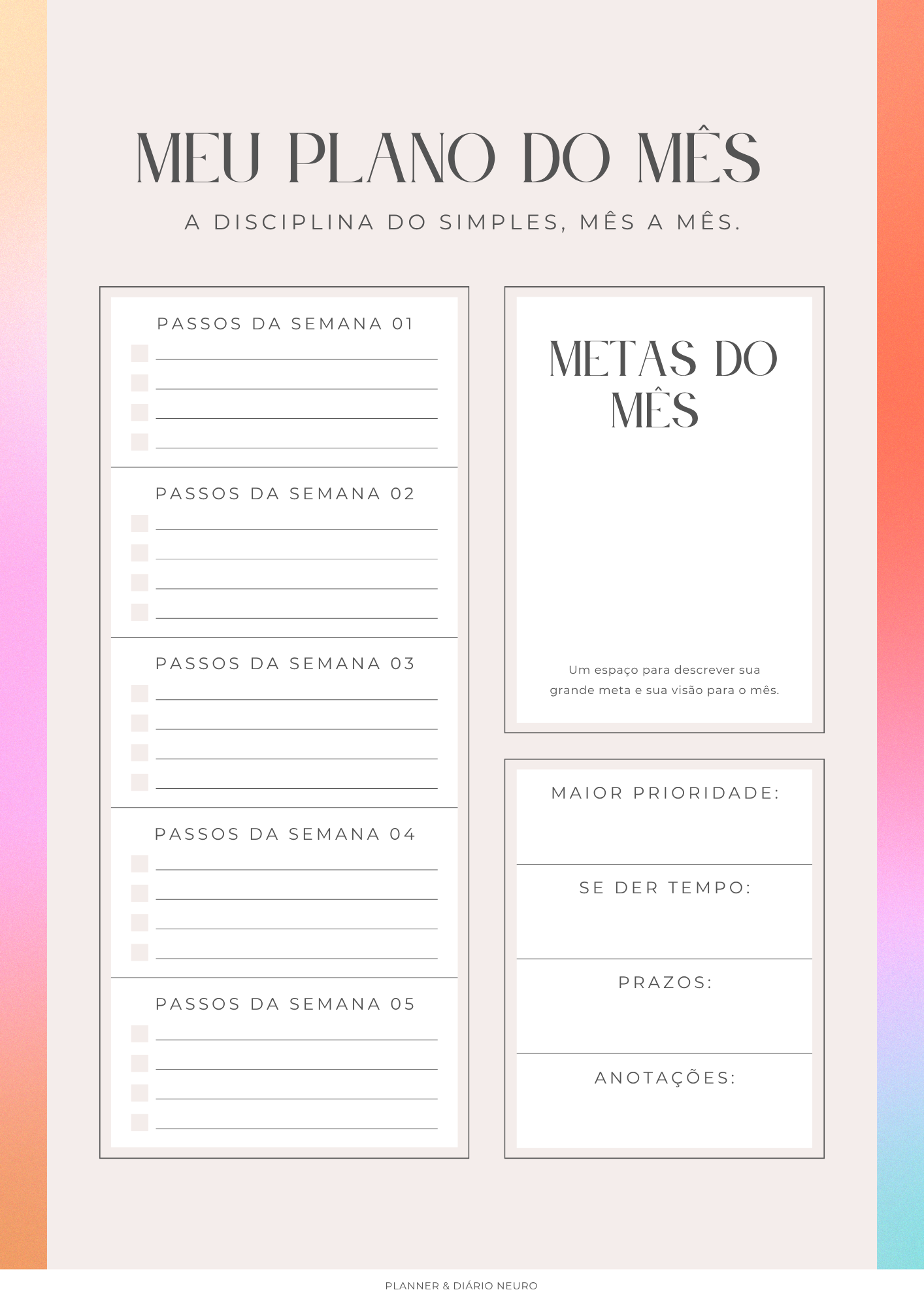 Monthly Goal Plan, planejamento mensal do Planner Neuro