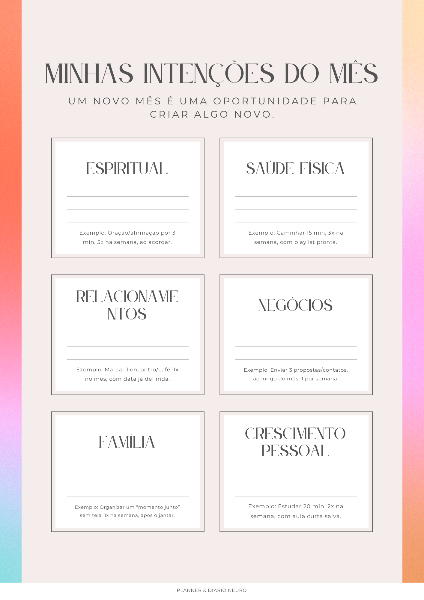 Monthly Intentions, intenções do mês do Planner Neuro